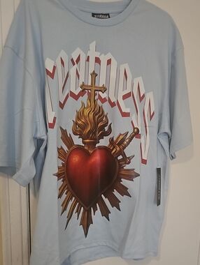 Strada Light Blue Tee with Red Sacred Heart Graphic